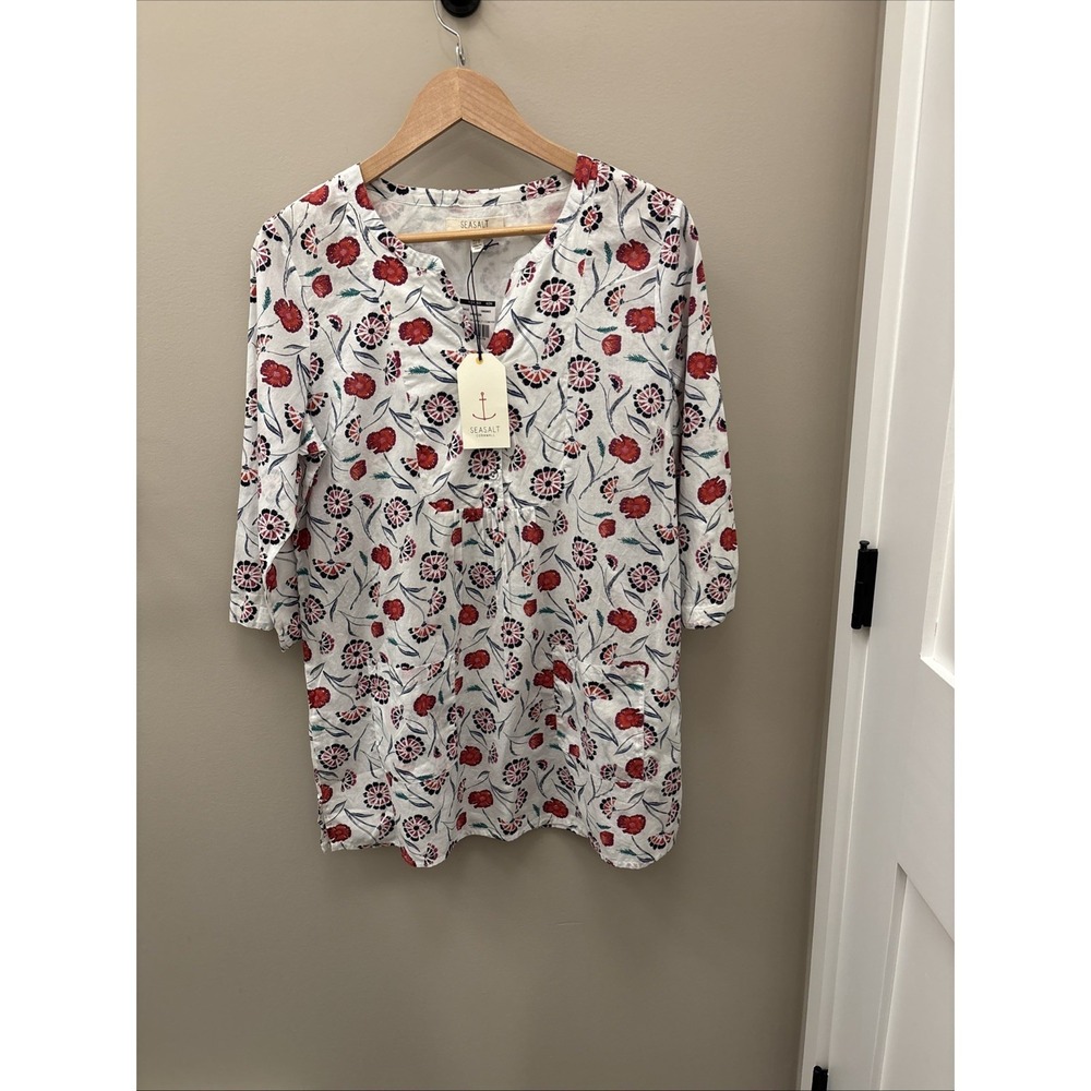 Seasalt Cornwall Aventurier Tunic Long Sleeve Floral Design Red White UK12 US8